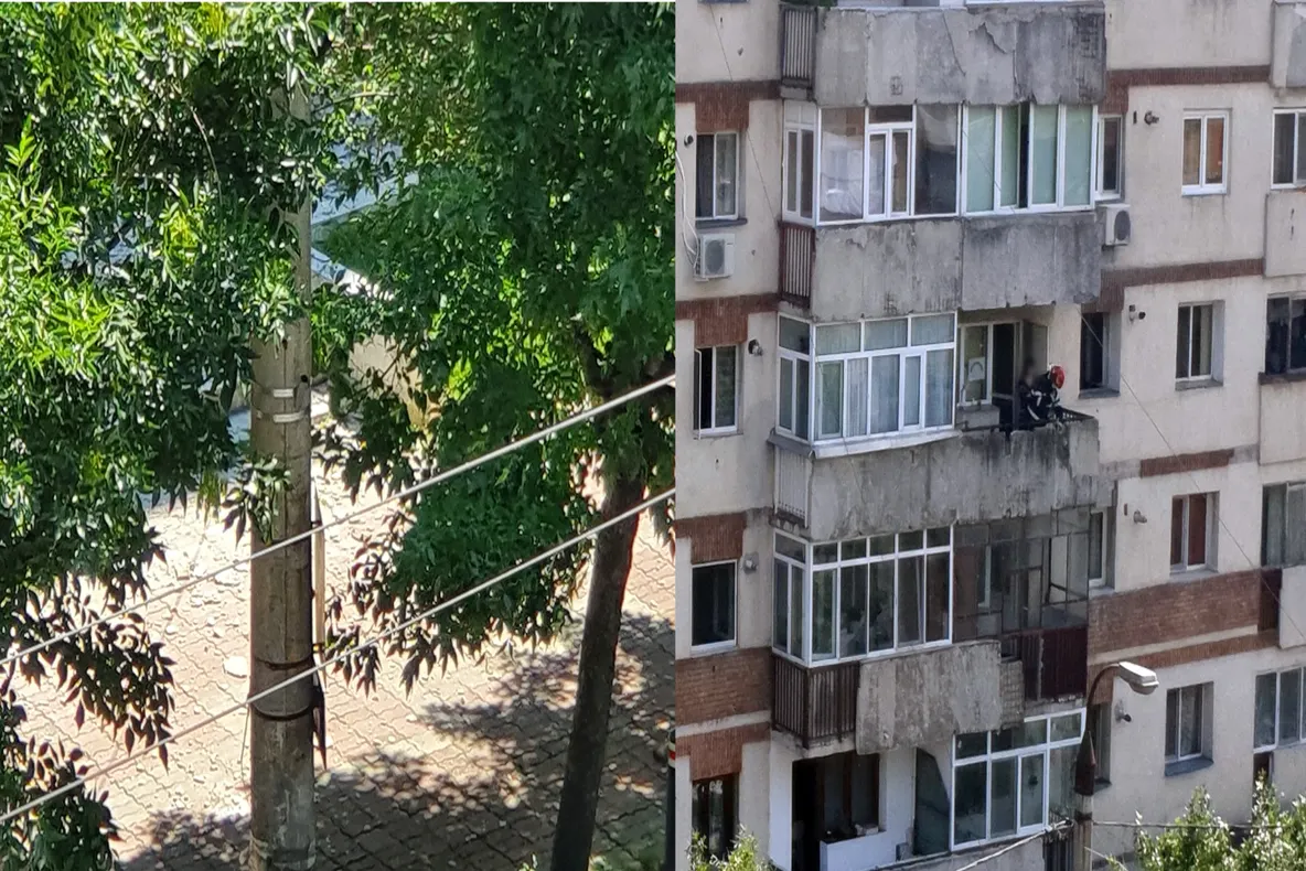 (Video) Pericol iminent! Pompierii chemați să îndepărteze elemente din fațada unui bloc, la Târgoviște