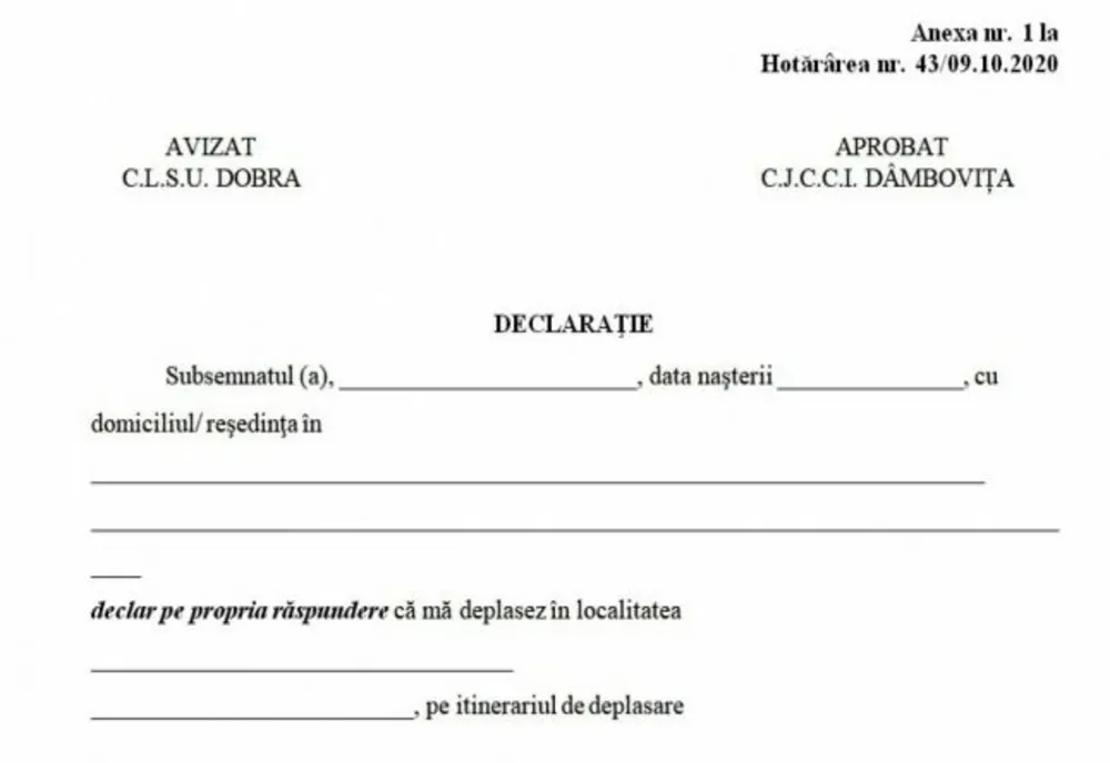 Cum arată declaraţia pe proprie răspundere pentru a intra sau ieşi din Dobra, localitatea carantinată din Dâmbovița