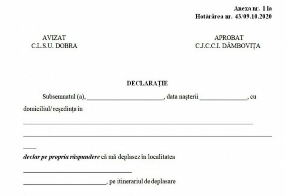 Cum arată declaraţia pe proprie răspundere pentru a intra sau ieşi din Dobra, localitatea carantinată din Dâmbovița